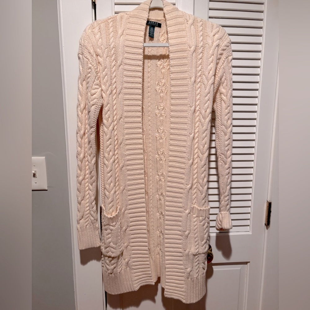 Lauren by Ralph Lauren Cream Cable Knit Cardigan Sweater